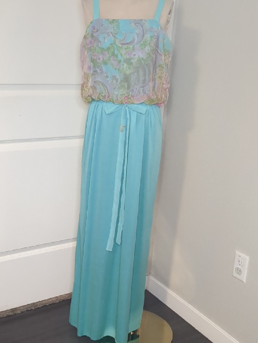 Vintage 70s Turquoise Chiffon Maxi Dress Summer Cottagecore SZ M